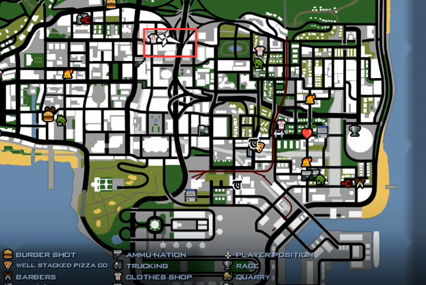 Cách kiếm tiền trong GTA San Andreas - Tới vị trí trên bản đồ có khoanh đỏ